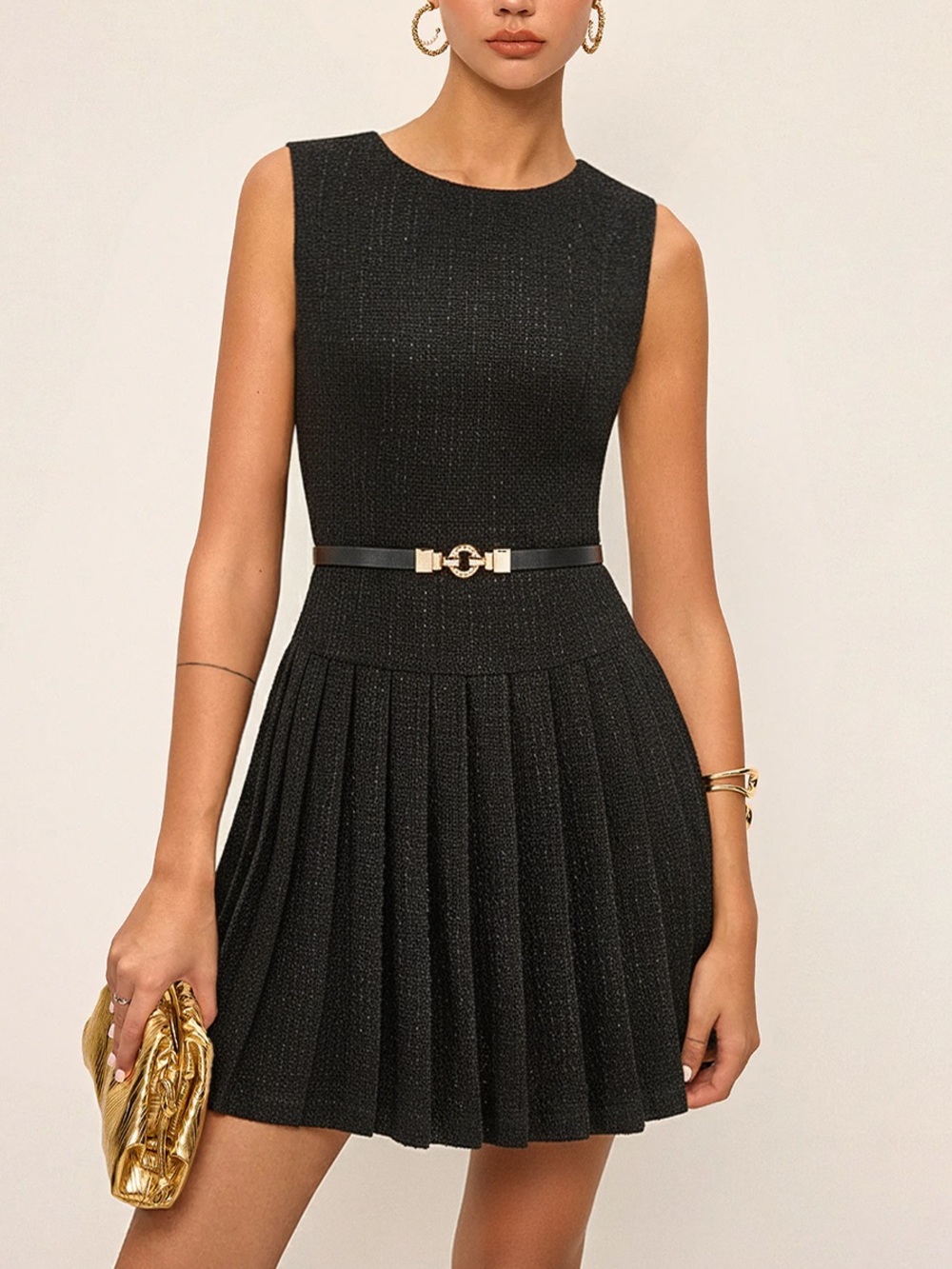 Commense NWT Black Sleeveless Tweed Pleated Mini Dress Sz XS